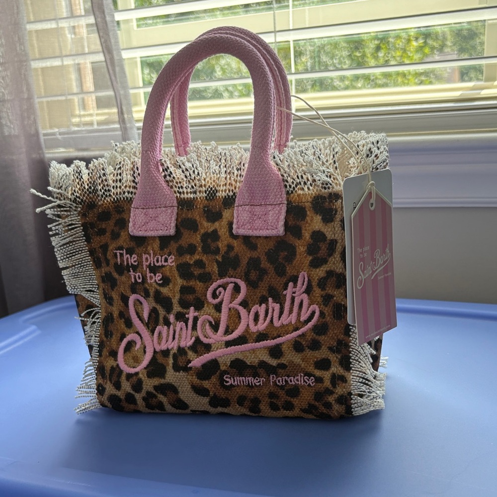 MINI SAIT BARTH Leopard Print Tote with Pink Handles